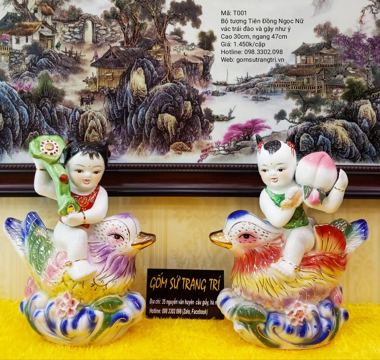 Tượng Tiên Đồng Ngọc Nữ vác trái đào và gậy như ý